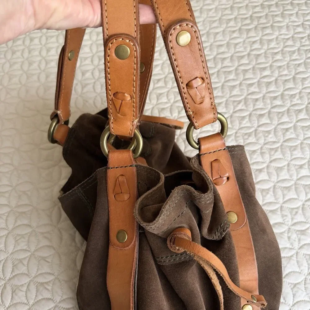 VTG Lucky Brand Brown Suede Hobo Shoulder Handbag Satchel Tan Straps